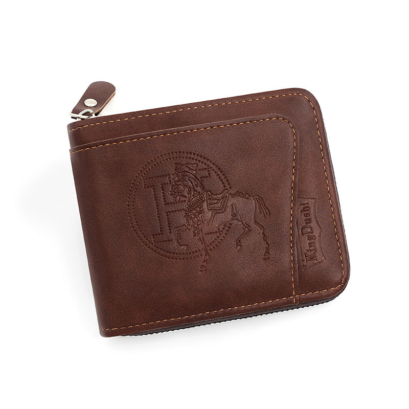 NNEDSZ Dark Brown Men's Leather Wallet with Zipper and Horse Embossed Design - Compact and Stylish