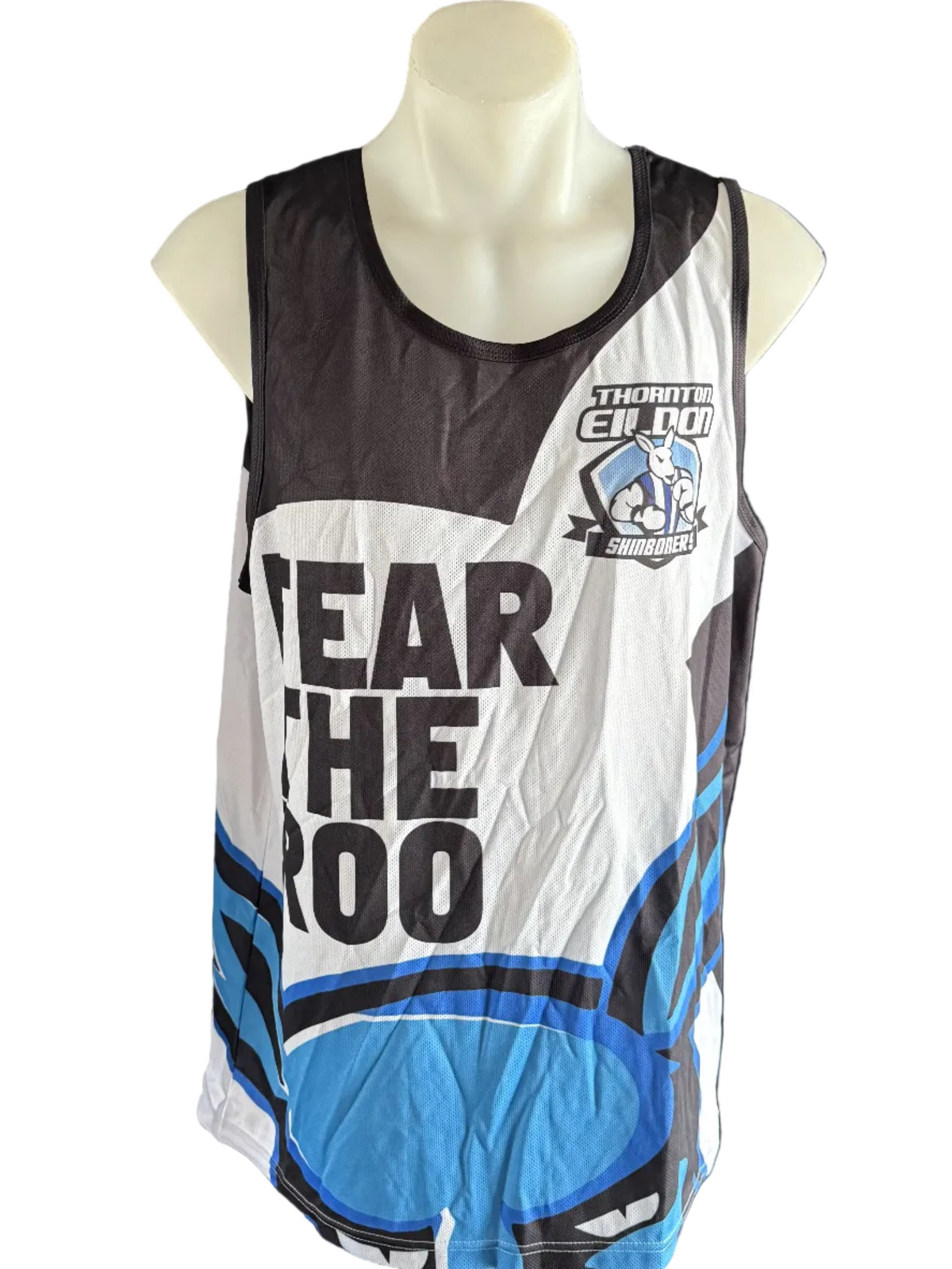 Sleeveless sports jersey with branding and text on a mannequin against a white background