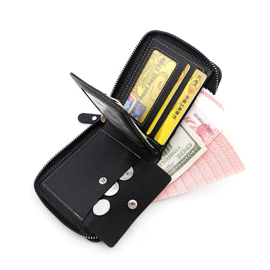 NNEDSZ Dark Brown Men's Leather Wallet with Zipper and Horse Embossed Design -  Compact and Stylish