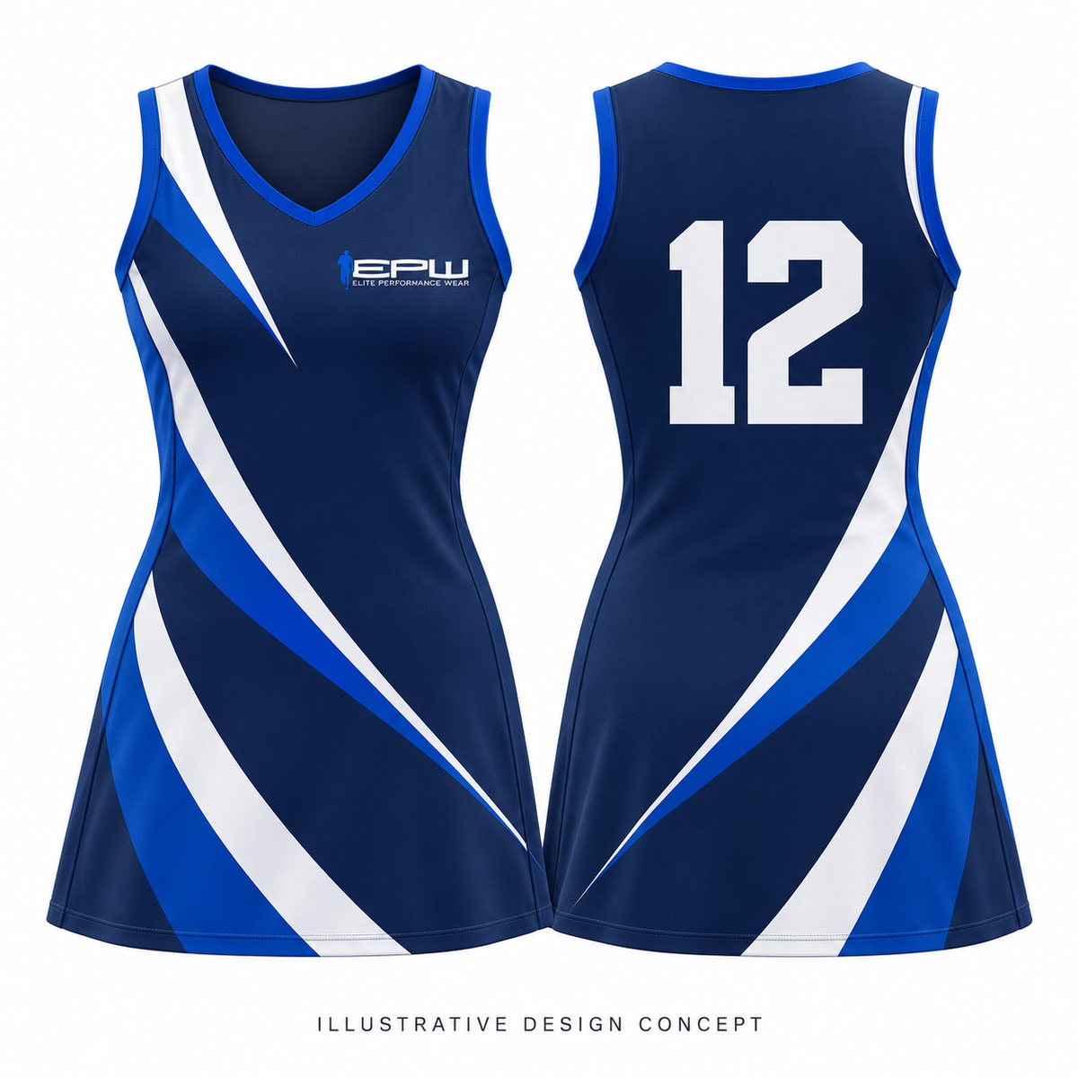 Netball Dress (Custom Sublimated) — illustrative front and back design concept, not a production photograph