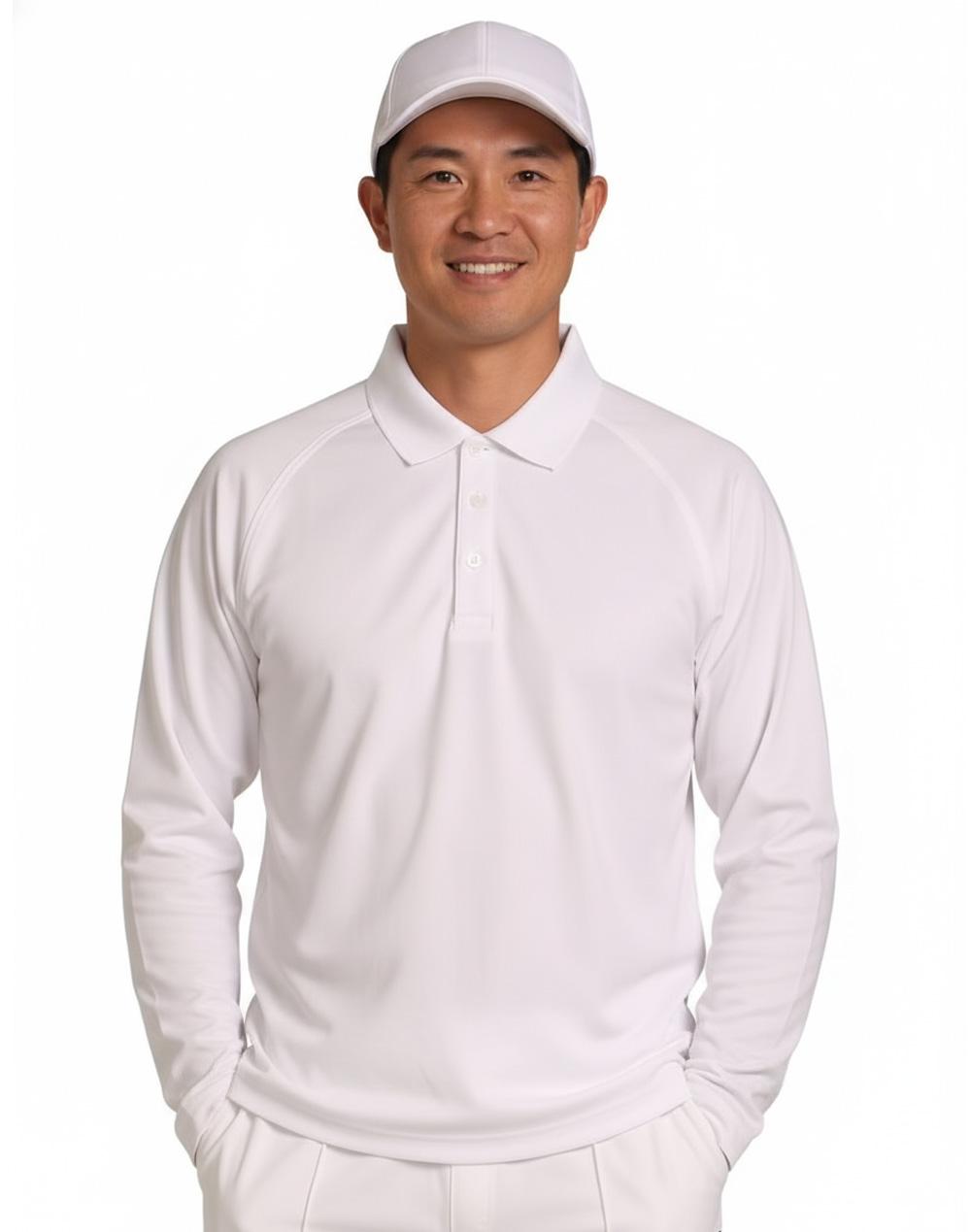 Winning Spirit long-sleeve cricket polo. Supplier garment example.